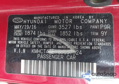 2016 Hyundai Accent Se z USA, uszkodzony, nr VIN KMHCT4AEXGU157524